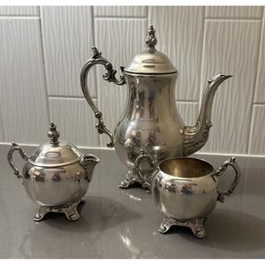 Vintage FB Rogers Silverplate Tea Coffee Pot Sugar Creamer W/ Lid Ornate Set 3